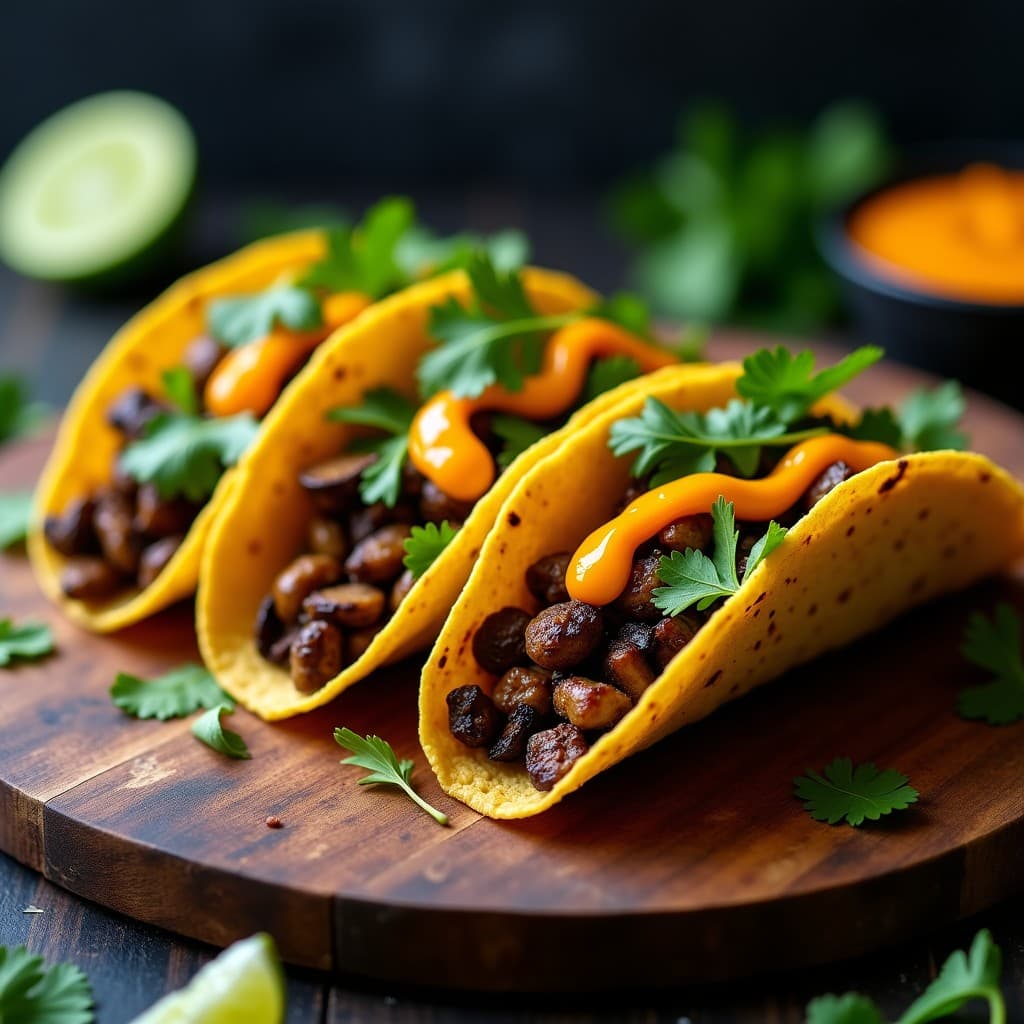 Tacos de Chorizo Vegano de Setas y Berros con Salsa de Chipotle y Mango
