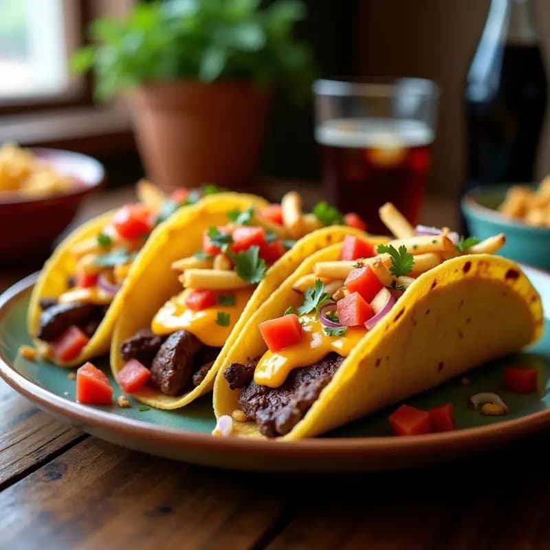 Tacos de Churrasco con Queso Fundido y Papas Fritas Encima: El Taco que No Cabrá en tu Boca