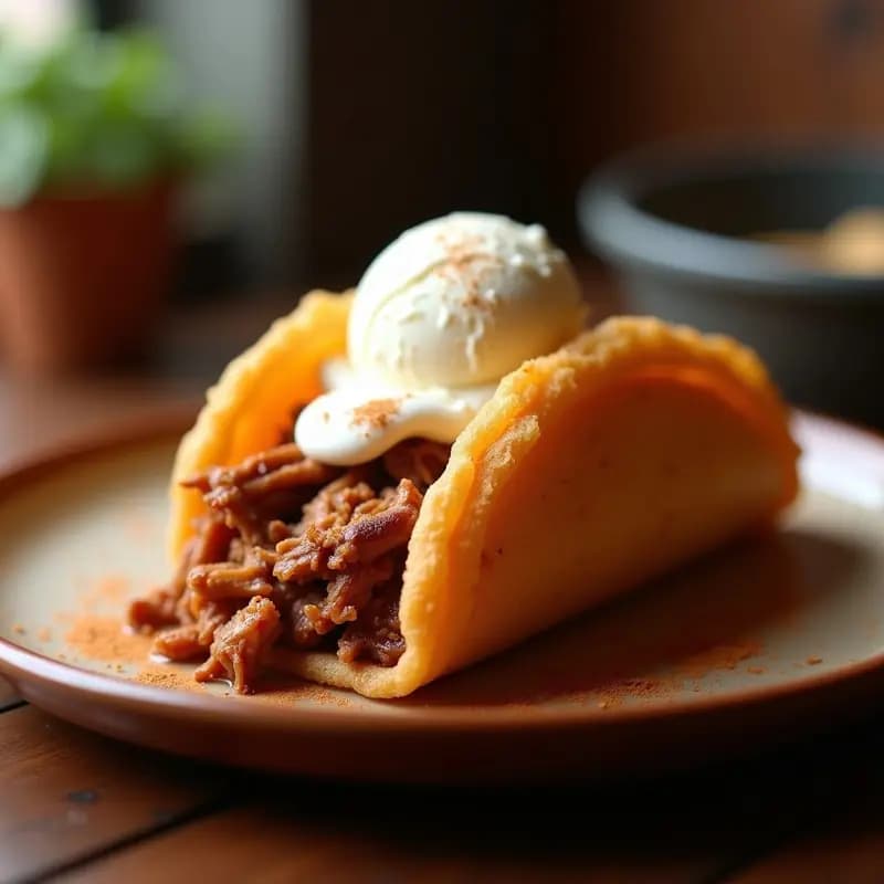 Tacos de Churros Rellenos de Carne Desmenuzada y Helado de Vainilla: Fusión Mexicana Extrema