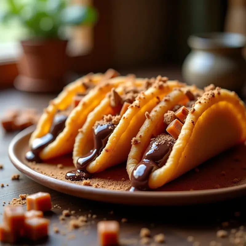 Tacos de Churros Rellenos de Chocolate y Carmelo: Fusión Mexicana-Dulce en Cada Bocado