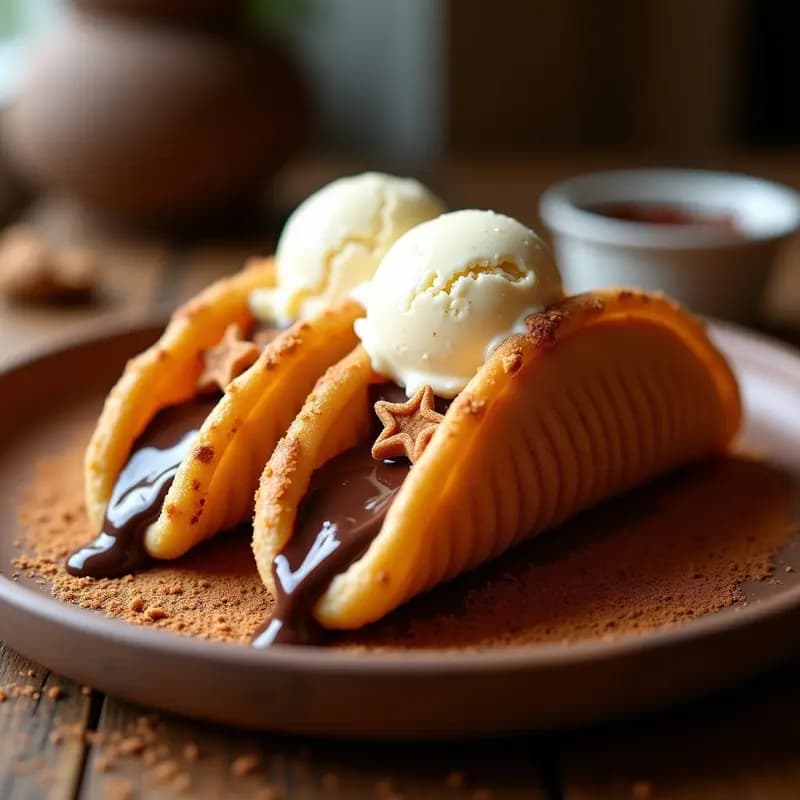 Tacos de Churros Rellenos de Chocolate y Helado de Vainilla: Postre Mexicano Fusion que Derrite