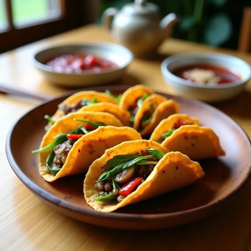 Tacos de Col Menos Conocida y Hongo Shiitake con Salsa de Umeboshi: Receta Vegana Japonesa en Airfryer