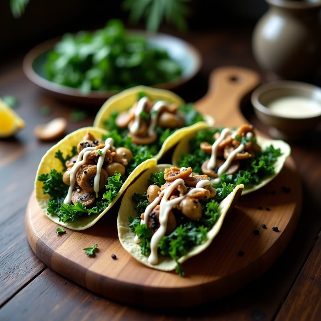 Tacos de Col Rizada y Champiñones Shitake con Salsa de Miso: Receta Japonesa Vegana