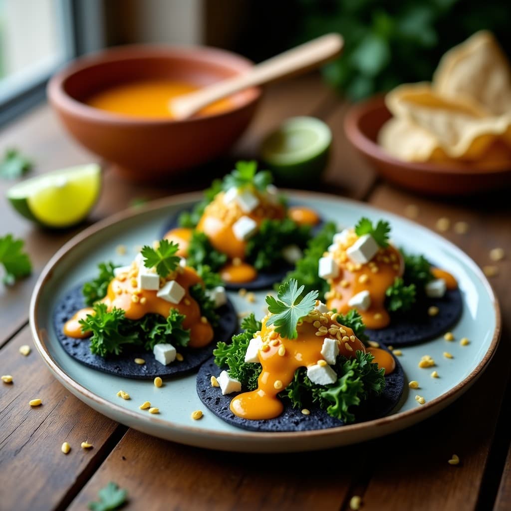 Tacos de Col Rizada y Feta con Salsa de Granadilla: Receta Mexicana Vegetariana y Crujiente