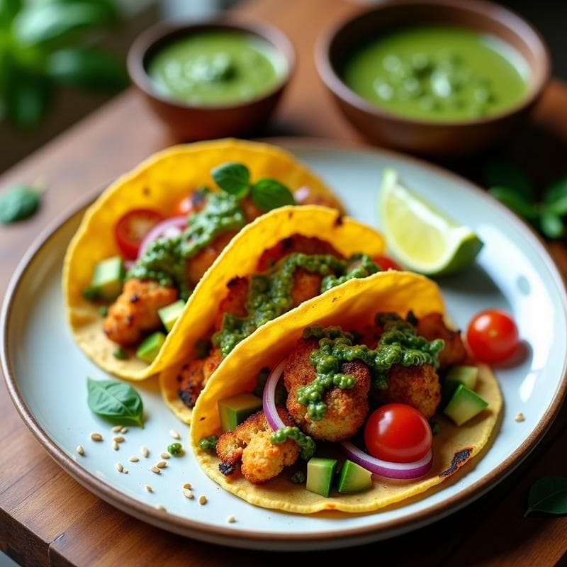 Tacos de Coliflor Asada con Chimichurri de Albahaca: Receta Vegana y Crujiente