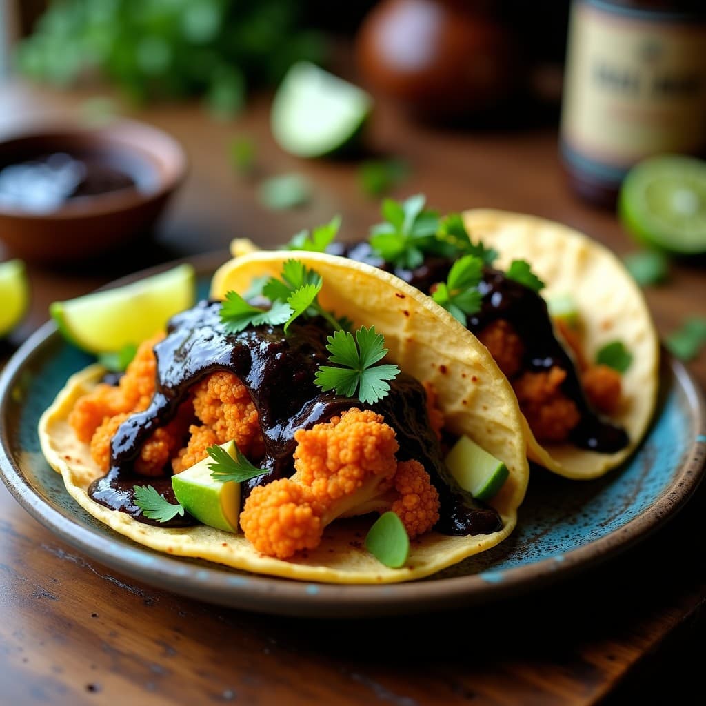 Tacos de Coliflor Asada y Mole Negro Vegano: Receta Mexicana en Airfryer