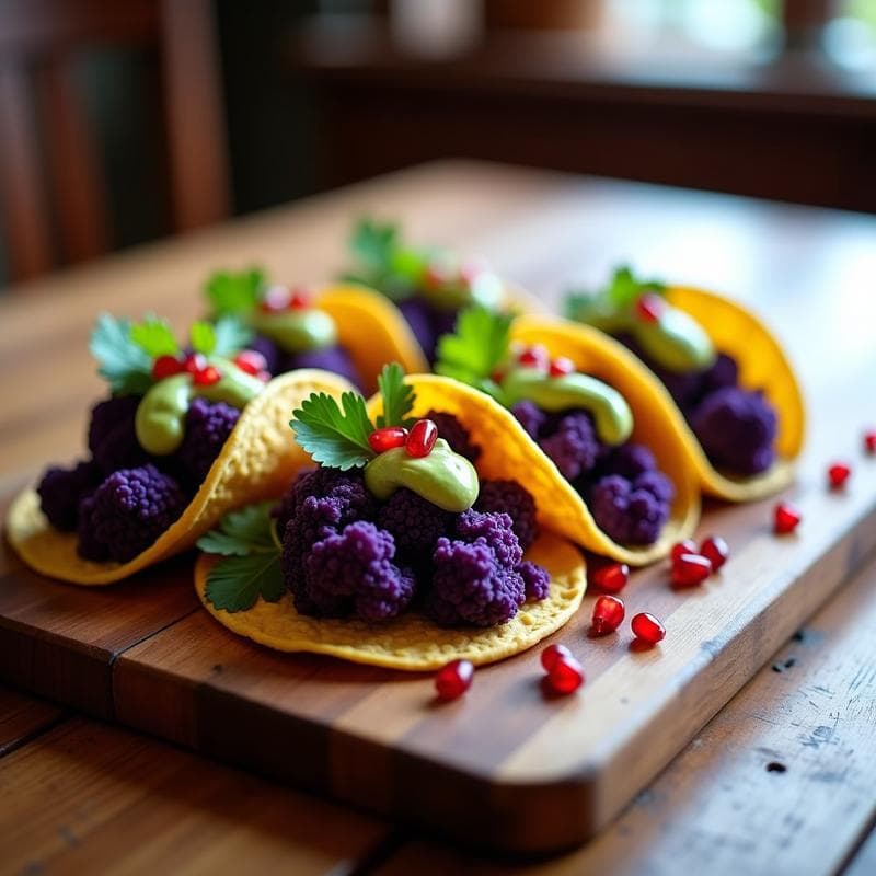 Tacos de Coliflor Morada con Crema de Aguacate y Granada: Receta Vegana y Crujiente