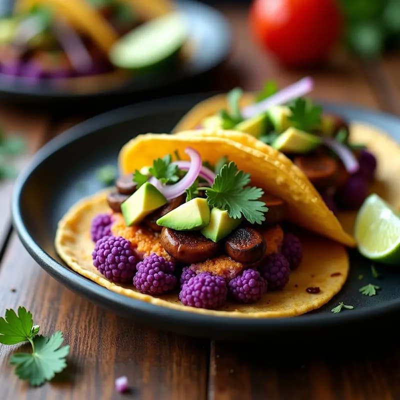 Tacos de Coliflor Morada con Carnita de Champiñones Portobello: Fusión Mexicana Keto y Crujiente