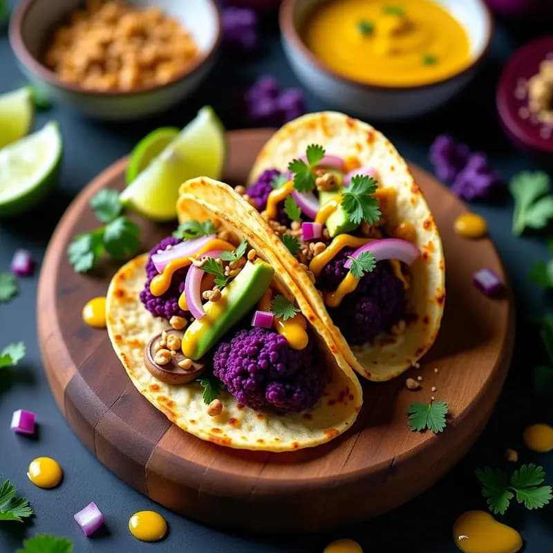 Tacos de Coliflor Morada con Ceviche de Champiñones y Salsa de Maracuyá: Receta Vegana y Crudivegana