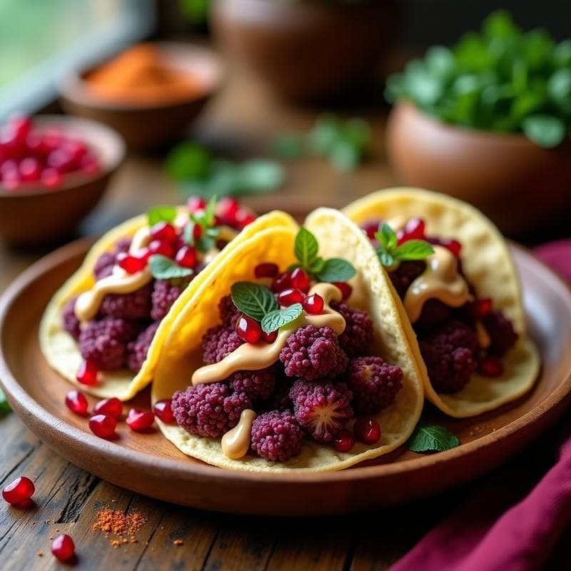 Tacos de Coliflor Morada con Aderezo de Tahini y Granado: Receta Vegana en Airfryer con Toque Libanés