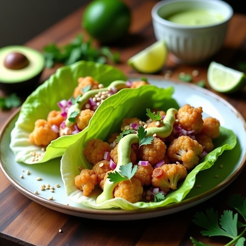 Tacos de Coliflor y Pulpo con Aderezo de Aguacate y Lima: Receta Mexicana Keto en Airfryer