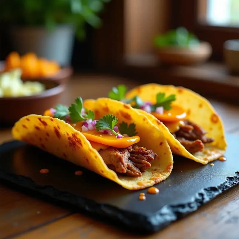 Tacos de Costilla de Cerdo Desmenuzada con Queso Cheetah y Salsa de Mango Habanero en Tortilla de Harina Frita