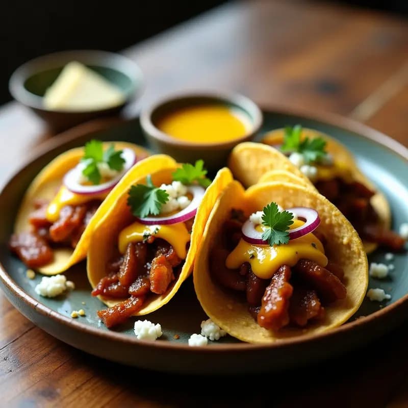 Tacos de Costilla Glaseada con Salsa de Maracuyá y Queso Azul: Explosión de Sabores