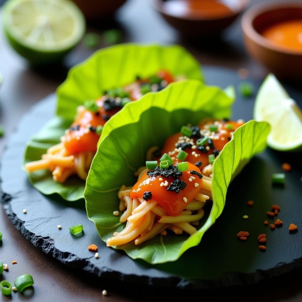 Tacos de Hojas de Diente de León con Jackfruit al Miso y Salsa de Ciruela Umeboshi: Receta Mexicana-Japonesa Crudivegana