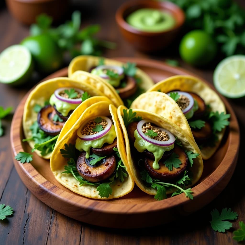 Tacos de Diente de León y Champiñones Portobello con Crema de Aguacate: Receta Vegana y Detox