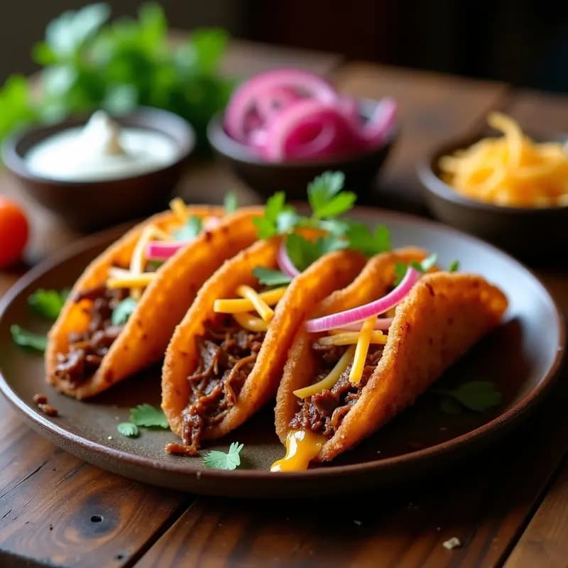 Tacos Dorados de Barbacoa con Queso Cheddar y Cebolla Morada: Receta Tex-Mex Crujiente