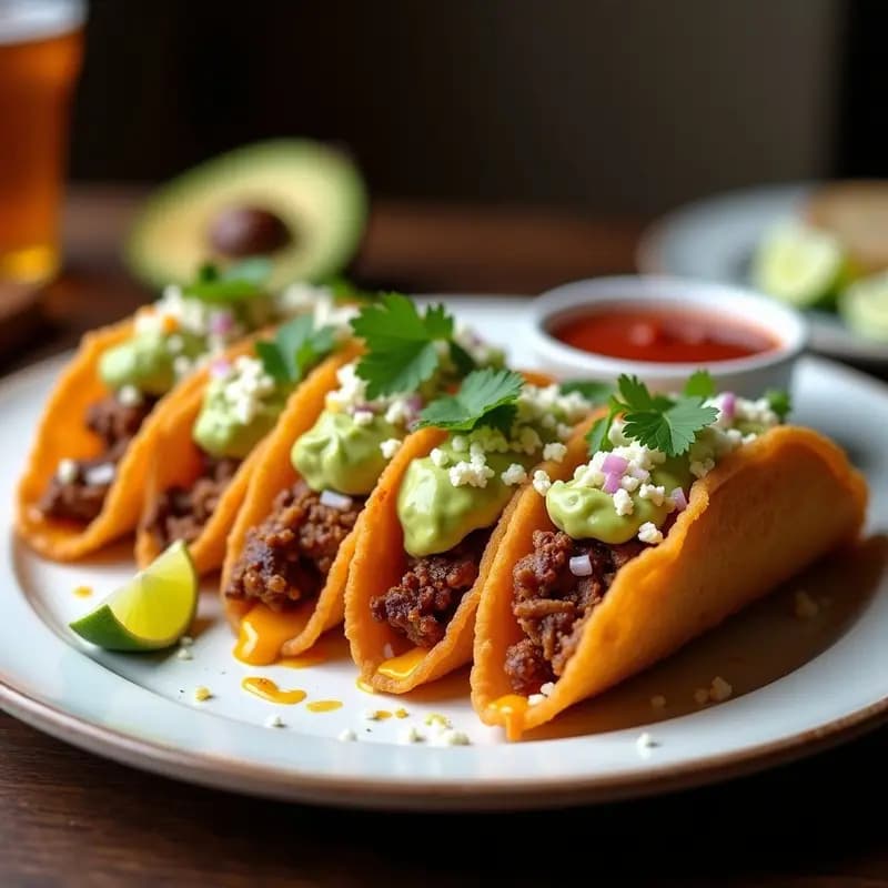 Tacos Dorados de Carne Asada con Queso y Aguacate: Crunch y Sabor en Cada Mordisco