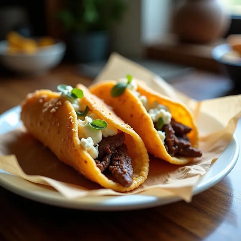 Tacos Dorados Rellenos de Carne de Res, Queso Azul y Puré de Papas con Trufa: Receta de Tacos de Lujo Extremos