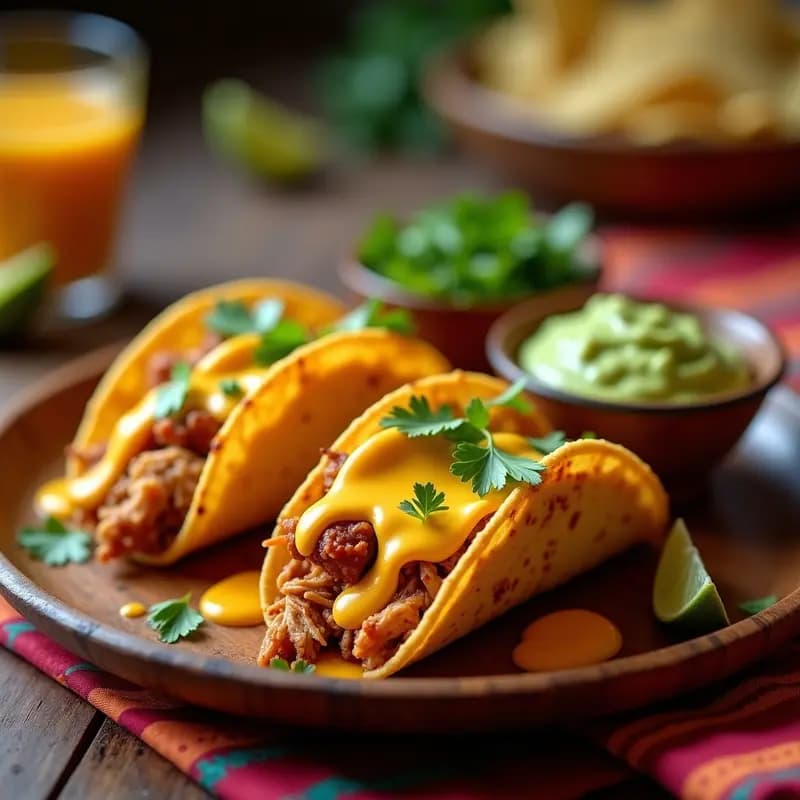 Tacos Dorados de Carne Desmenuzada con Salsa de Queso Nacho y Guacamole Ultra Cremoso