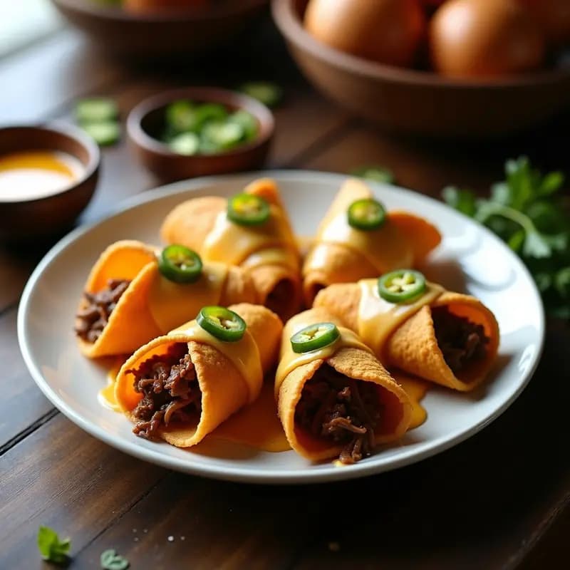 Tacos Dorados de Carne Desmenuzada con Salsa de Queso y Jalapeños: Crujientes por Fuera y Jugosos por Dentro