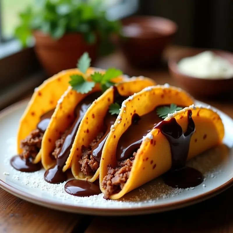 Tacos Dorados de Carnitas con Salsa de Queso y Chocolate: Combínación Dulce-Salado Adictiva