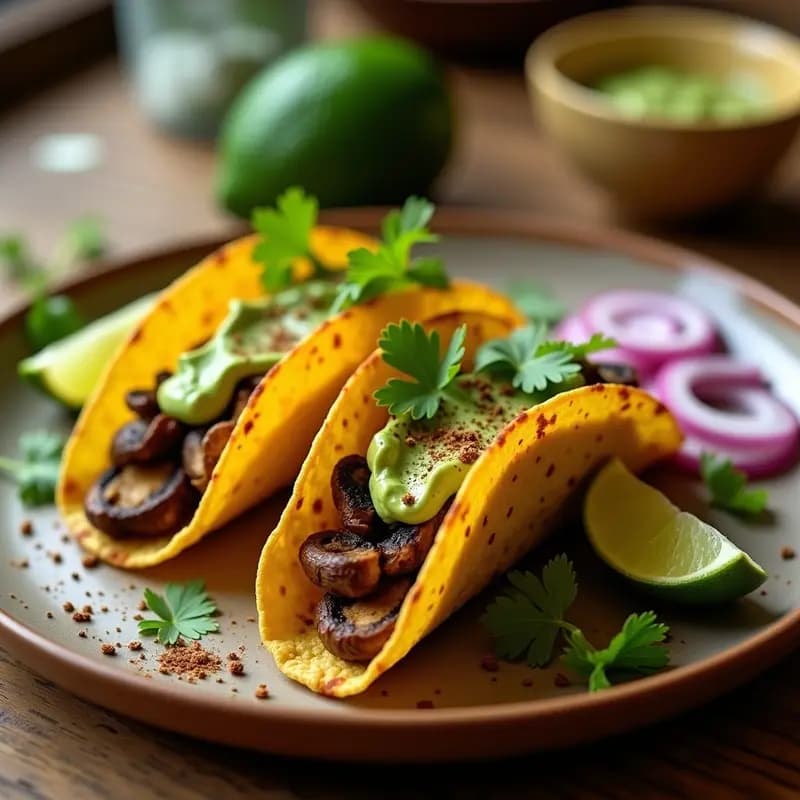 Tacos Dorados de Hongos Ostra con Crema de Aguacate y Polvo de Chapulines: Snack Mexicano Vegano