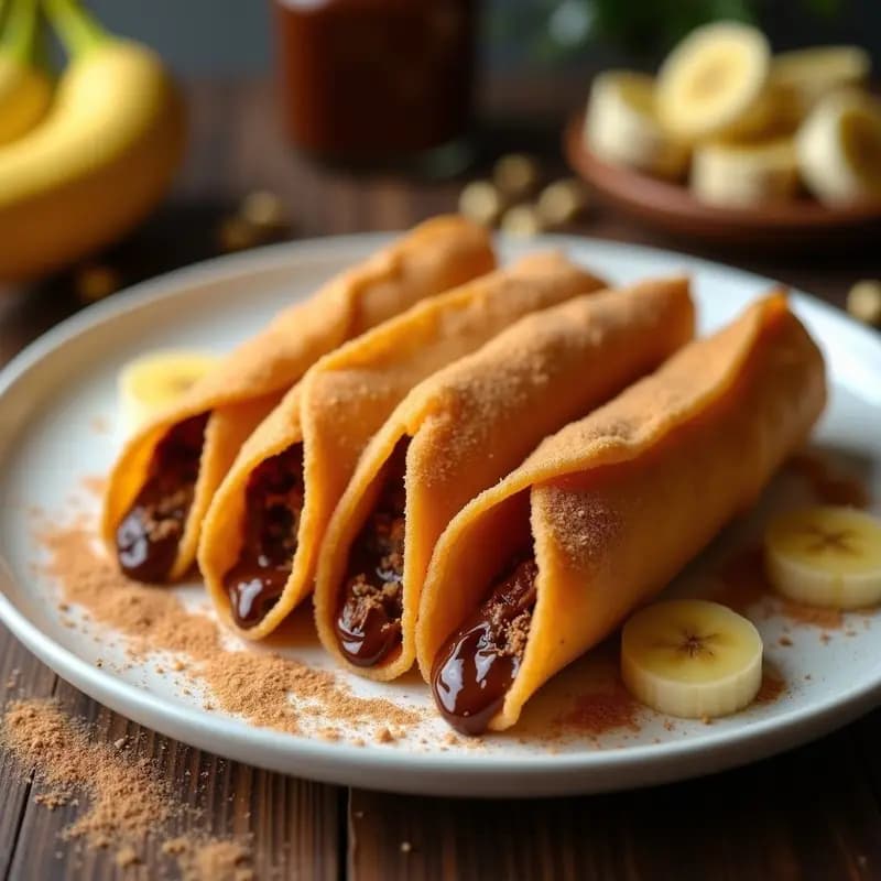 Tacos Dorados de Nutella y Plátano: Empanizados y Fritos con Azúcar y Canela