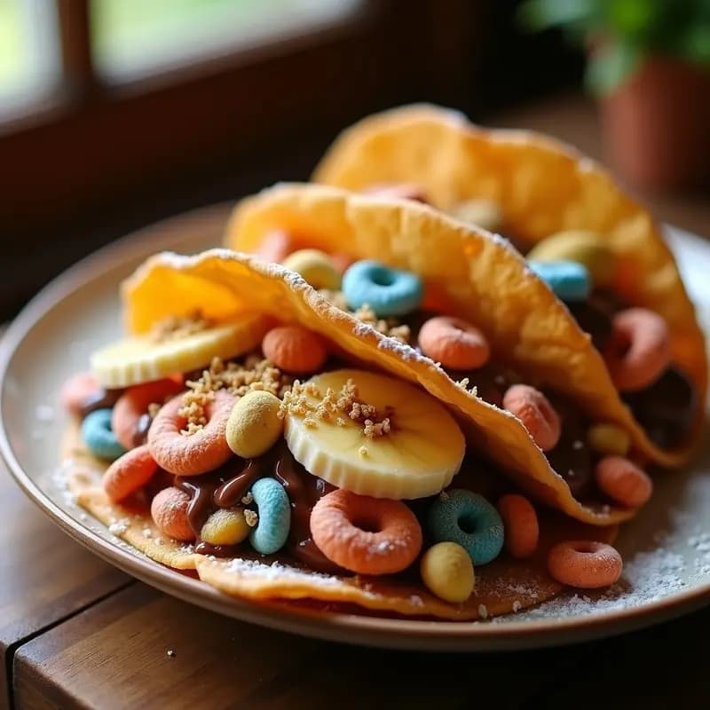 Tacos Dorados de Nutella y Plátano con Crujiente de Cereal y Virutas de Oro Comestible: El Desayuno de los Dioses