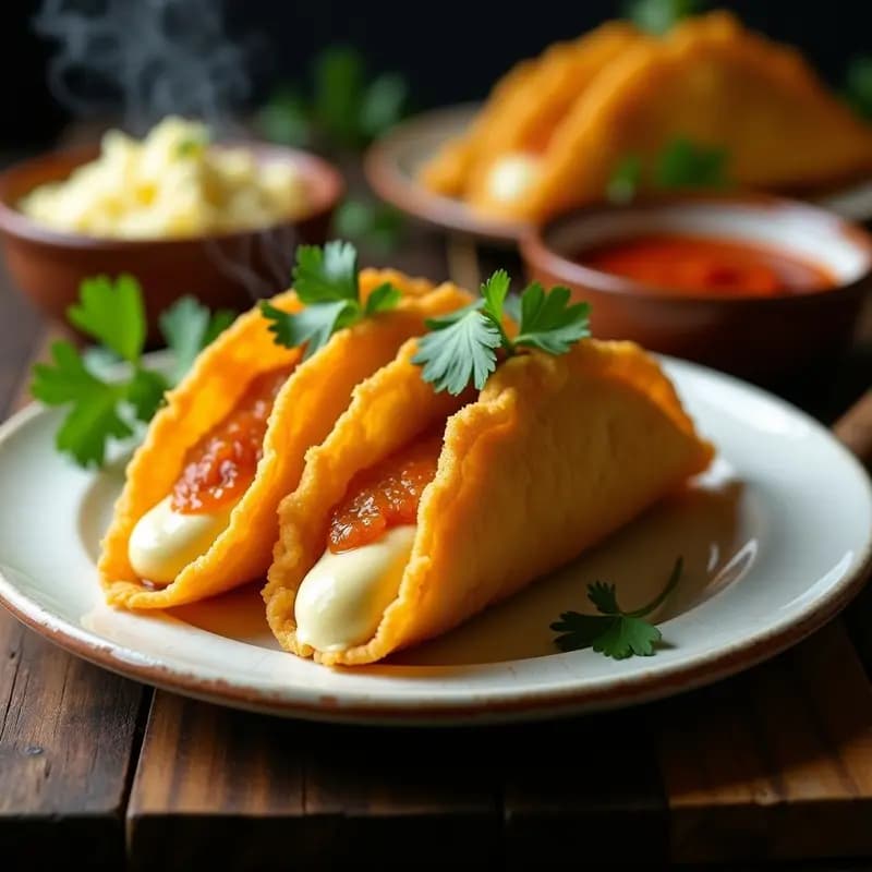 Tacos Dorados Rellenos de Pollo al Curry y Queso Crema: Fusión Mexicana-India en Cada Bocado