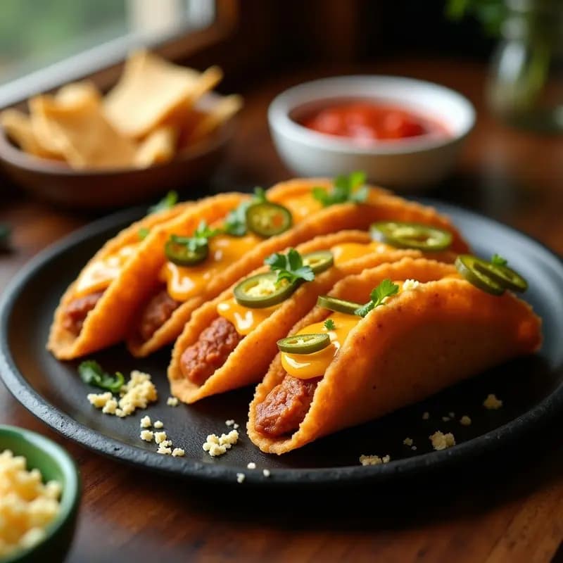 Tacos Dorados de Queso Cheddar Rellenos de Chorizo y Jalapeños: Crunch Extreme para Fans del Picante