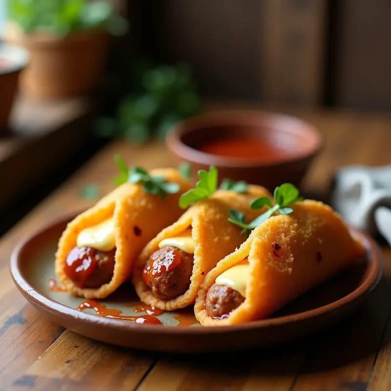 Tacos Dorados de Queso Mozzarella Rellenos de Albóndigas de Cerdo: Crunch Extremo en Cada Bocado
