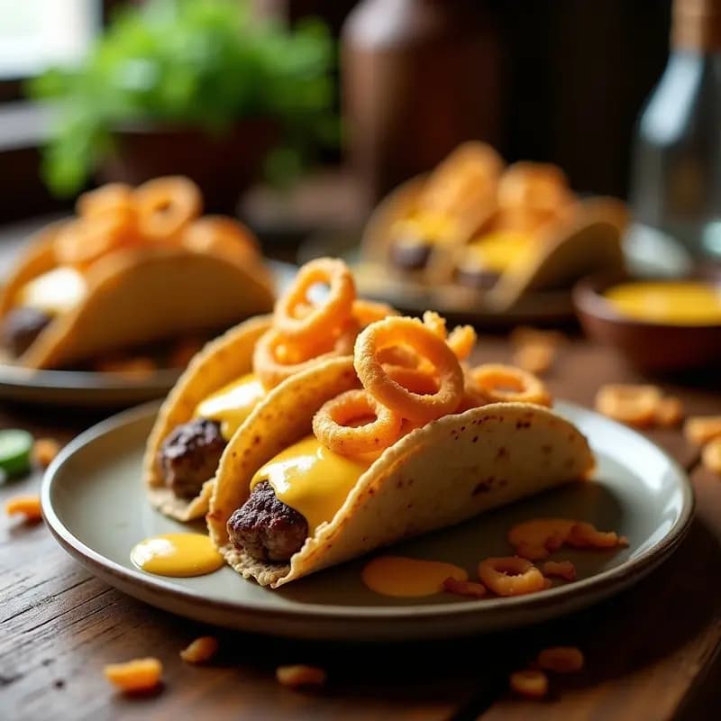 Tacos de Double Cheeseburger con Salsa de Queso Cheddar y Cebolla Crujiente: Fusión Mexicana-Americana para Devorar