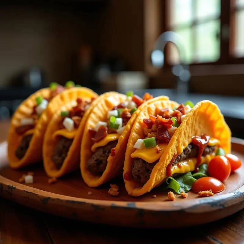 Tacos de Double Cheeseburger con Tortillas de Queso y Salsa de Barbacoa Picante: Explosión de Sabores