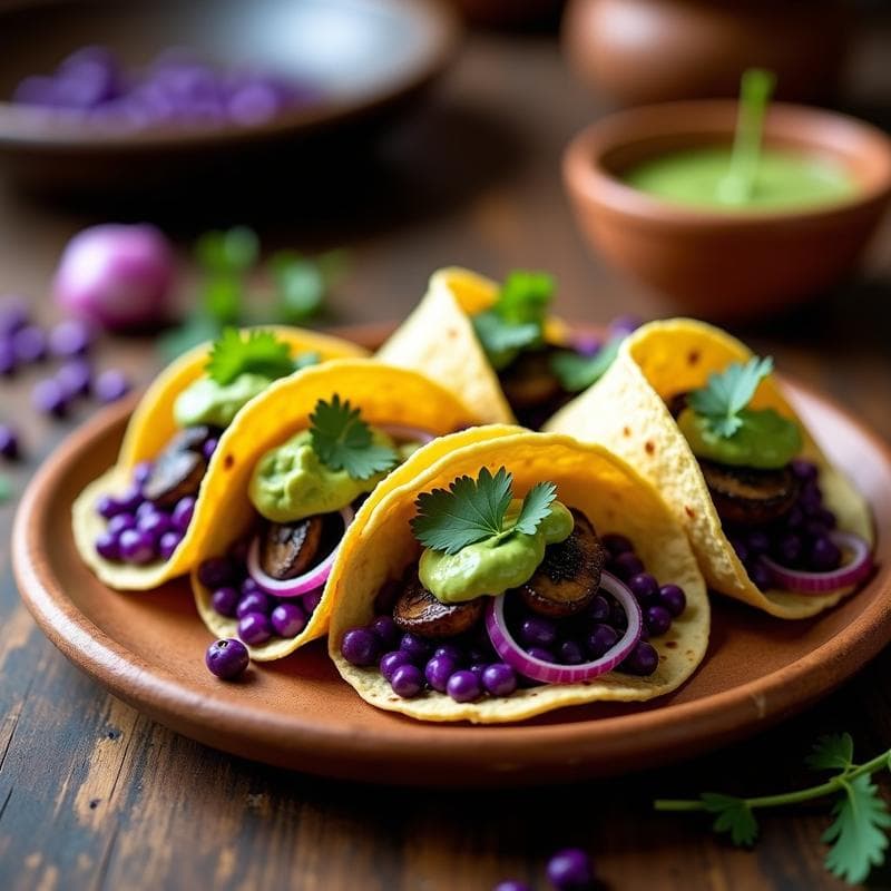 Tacos de Elote Azul y Hongos Morados: Receta mexicana vegana y colorida