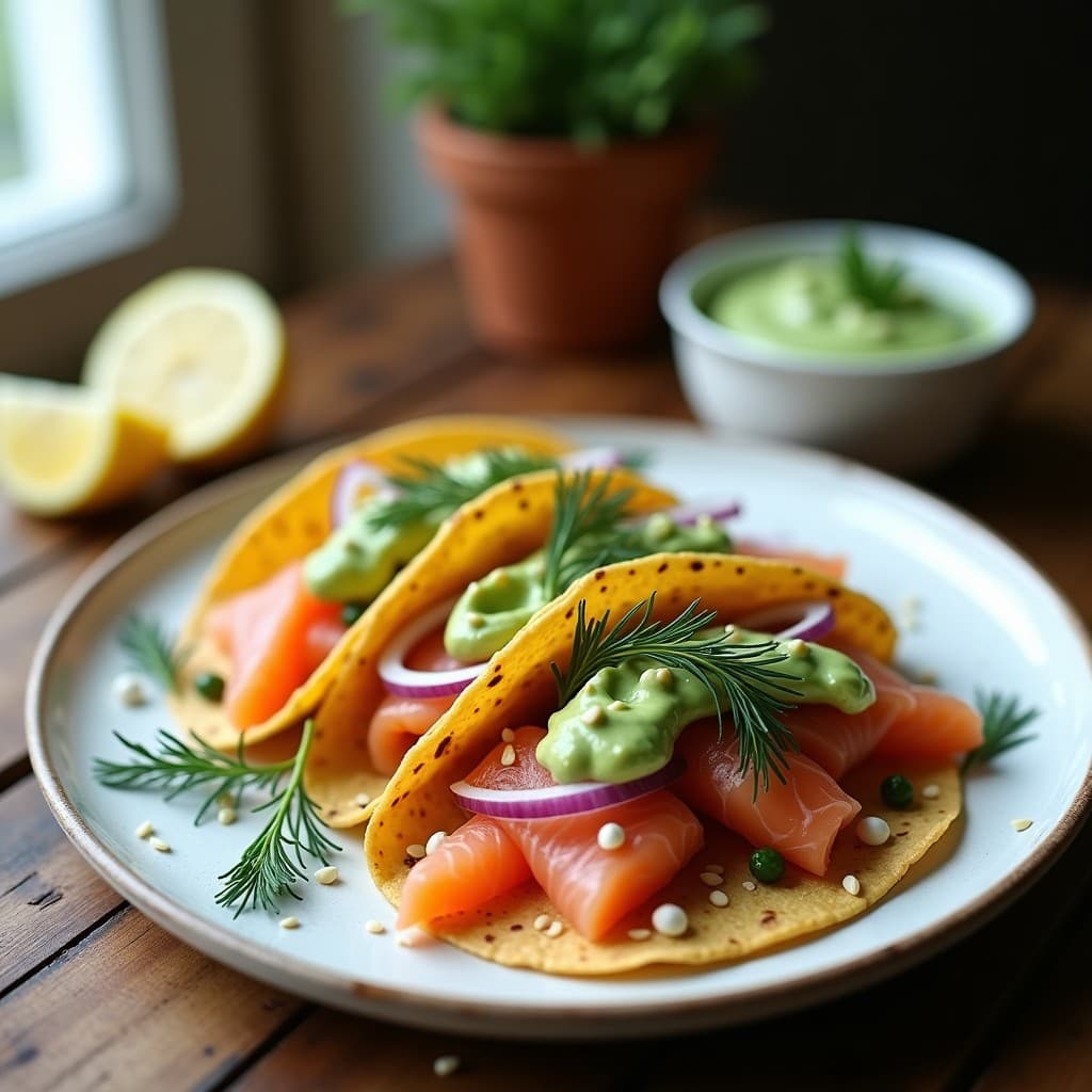 Tacos de Eneldo y Salmón Ahumado con Crema de Aguacate: Receta Escandinavo-Mexicana en Airfryer
