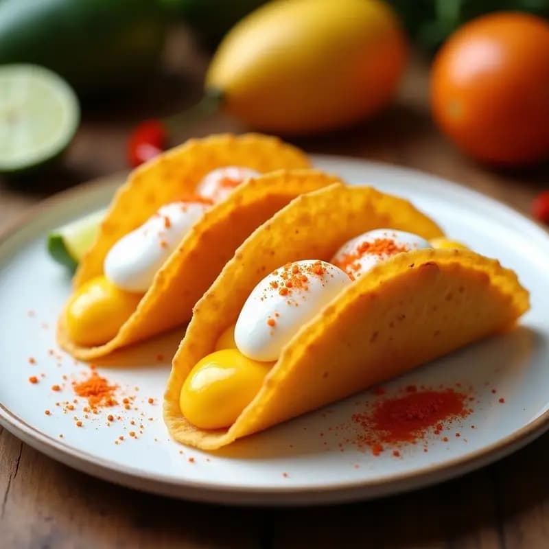 Tacos de Espuma de Mango y Chile Tajín: Postre Mexicano Innovador y Crujiente