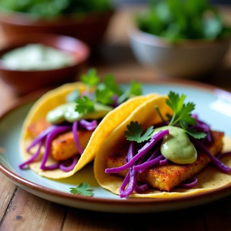 Tacos de fish vegano y Repollo Morado: Receta Mexicana con Aderezo de Aguacate en 15 Minutos