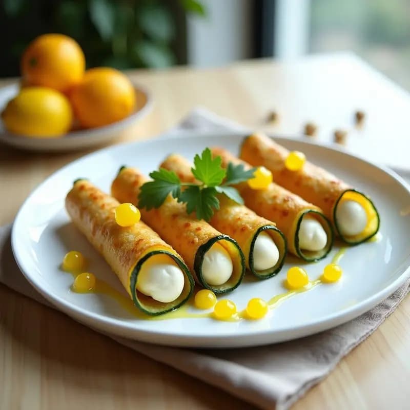 Tacos de Flautas de Calabacín con Cream Cheese de Anacardos y Caviar de Limón