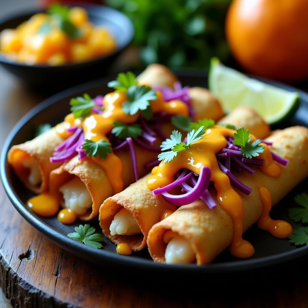 Tacos de Flautas de Maíz Azul con Pescado Blanco y Aderezo de Mango-Habanero