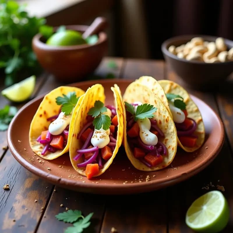 Tacos de Flor de Jamaica Escabechada con Crema de Cashew y Cilantro: Receta Mexicana Vegana y Ácida