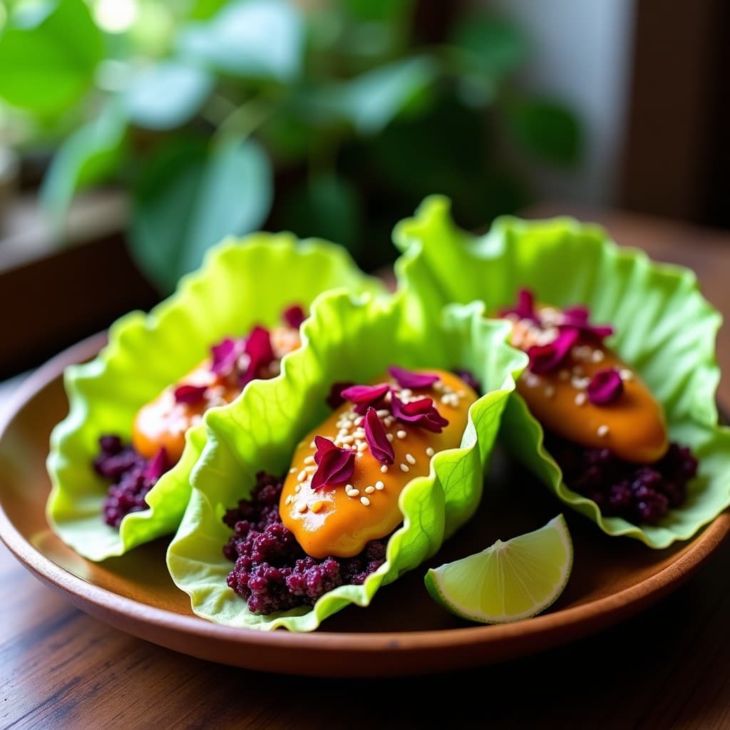 Tacos de Flor de Jamaica: Receta Crudivegana con Guacamole de Mamey y Salsa de Tamarindo