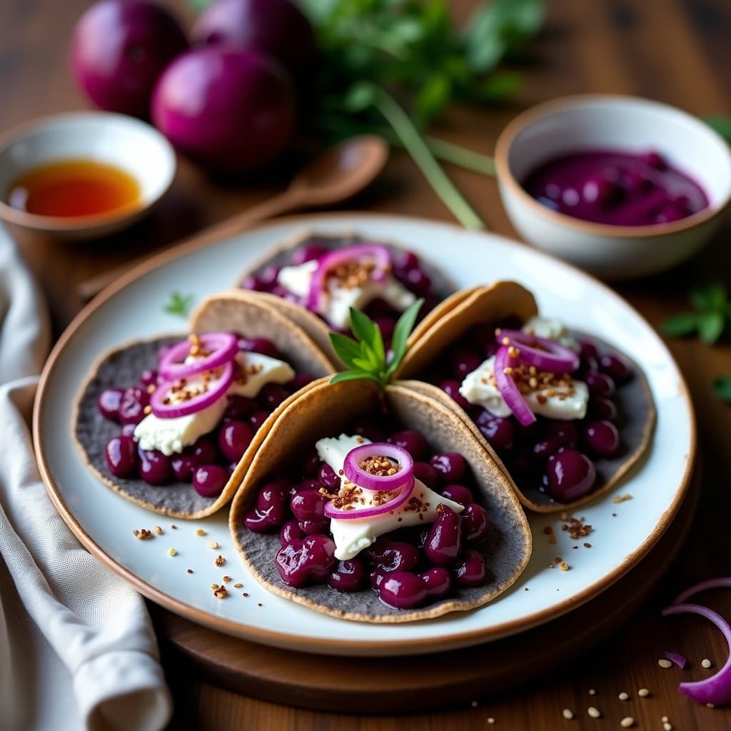 Tacos de Flor de Jamaica y Queso de Cabra con Salsa de Jabuticaba: Receta Fusion Mexicano-Brasileña