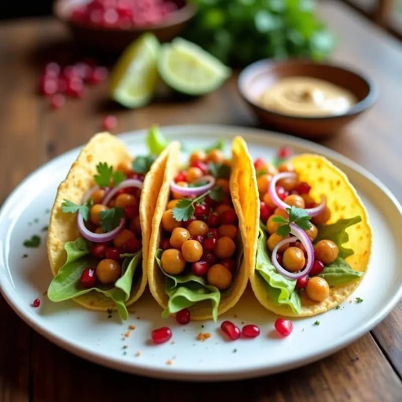 Tacos de Garbanzos Crujientes con Aderezo de Tahini y Granada: Receta Vegana Express en 15 Minutos