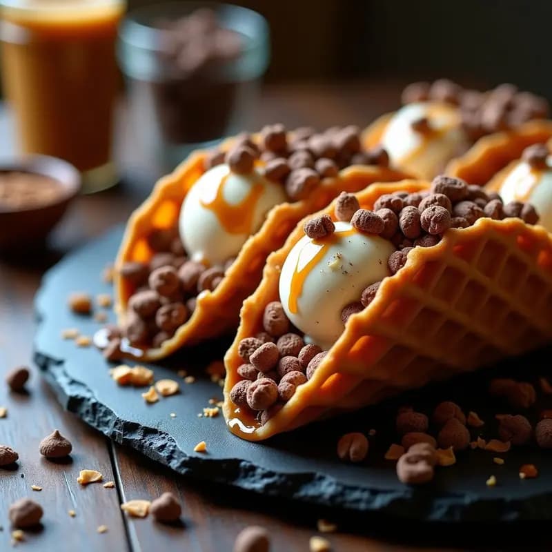 Tacos de Helado de Cereal: Cono de Gofre Relleno de Helado, Cereales Crujientes y Salsa de Caramelo