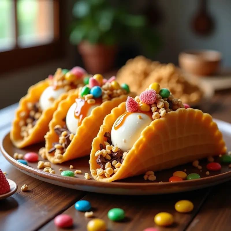 Tacos de Helado con Cono de Gofre y Toppings Crujientes: Postre interactivo en 15 minutos