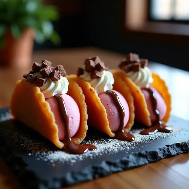 Tacos de helado de Fresa con Cáscara de Chocolate y Toppings de Barrita de Cereales Trituradas