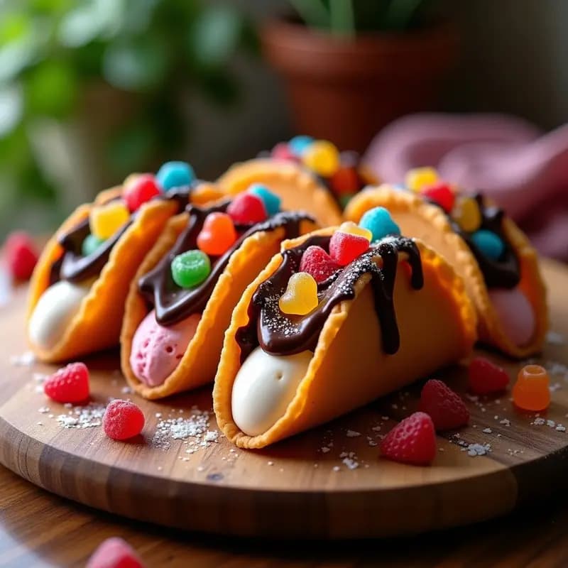 Tacos de Helado de Fresa con Baño de Chocolate Negro y Toppings de Gominolas: Postre Mexicano Divertido