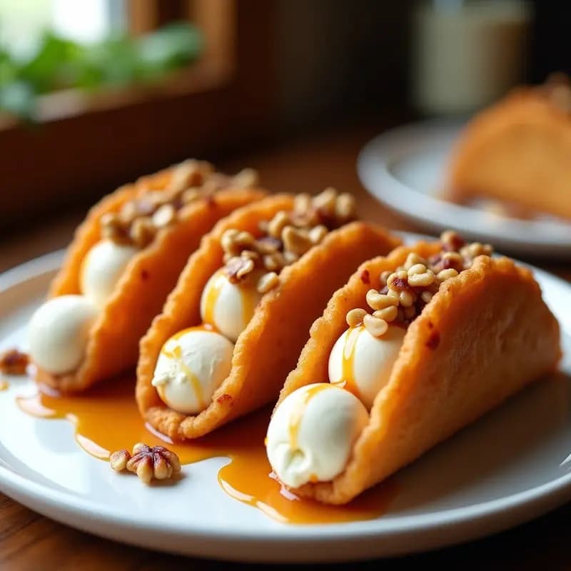 Tacos de Helado Fritos con Toppings de Caramelo y Nueces