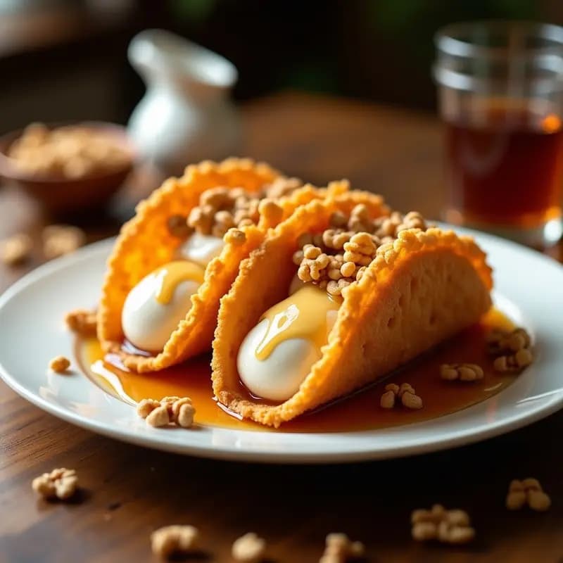 Tacos de Helado Fritos con Rebozado de Cereal y Topping de Sirope de Arce: Postre Locura