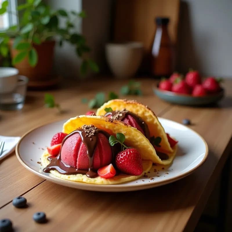 Tacos de Helado de Frutos Rojos con Cono de Galleta María y Salsa de Chocolate Negro